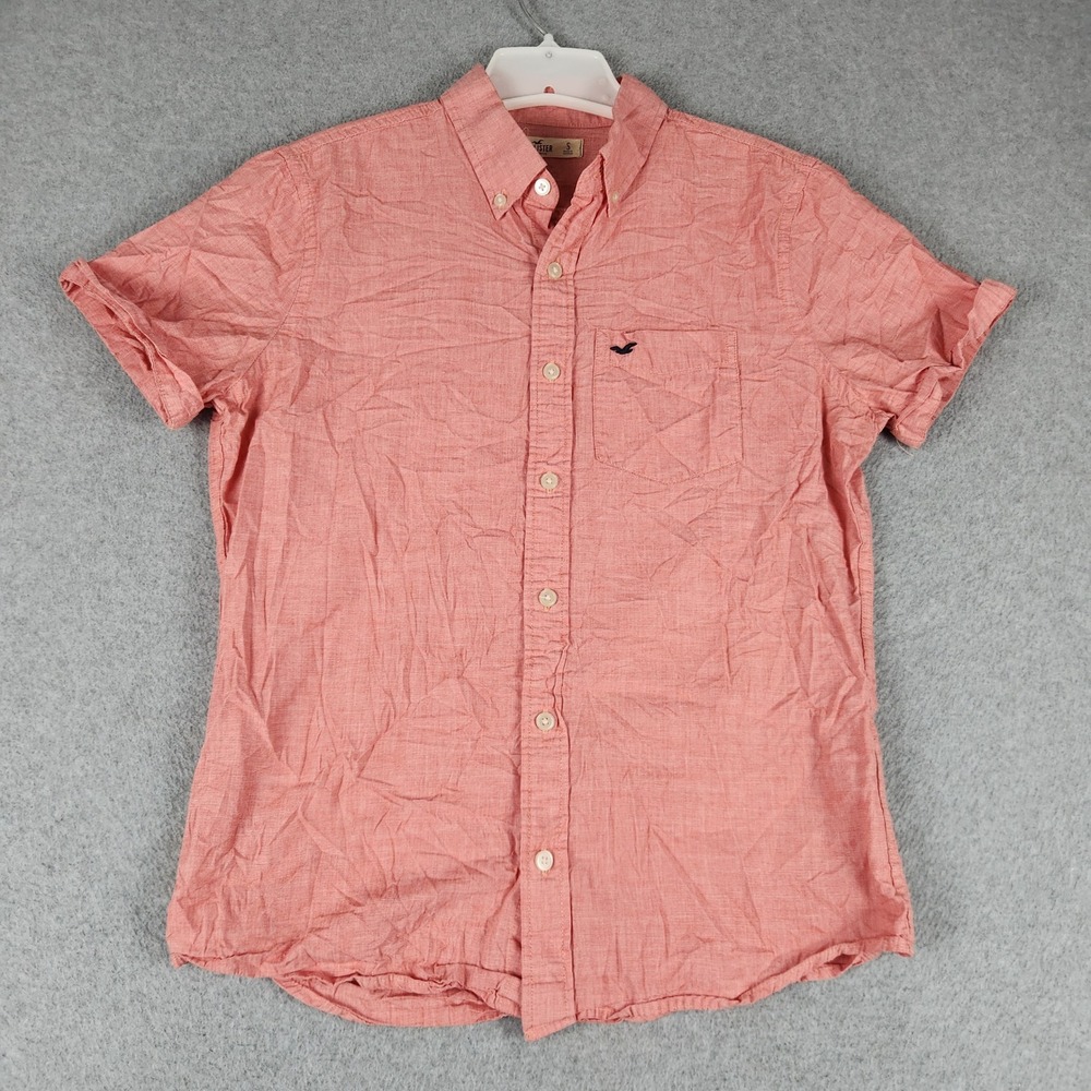 Hollister Shirt Mens Small Salmon Pink Slub Cotton Short Sleeve Button Down Logo